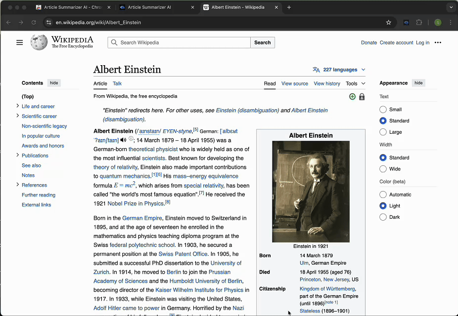 Example of summarizing a long article in one click
